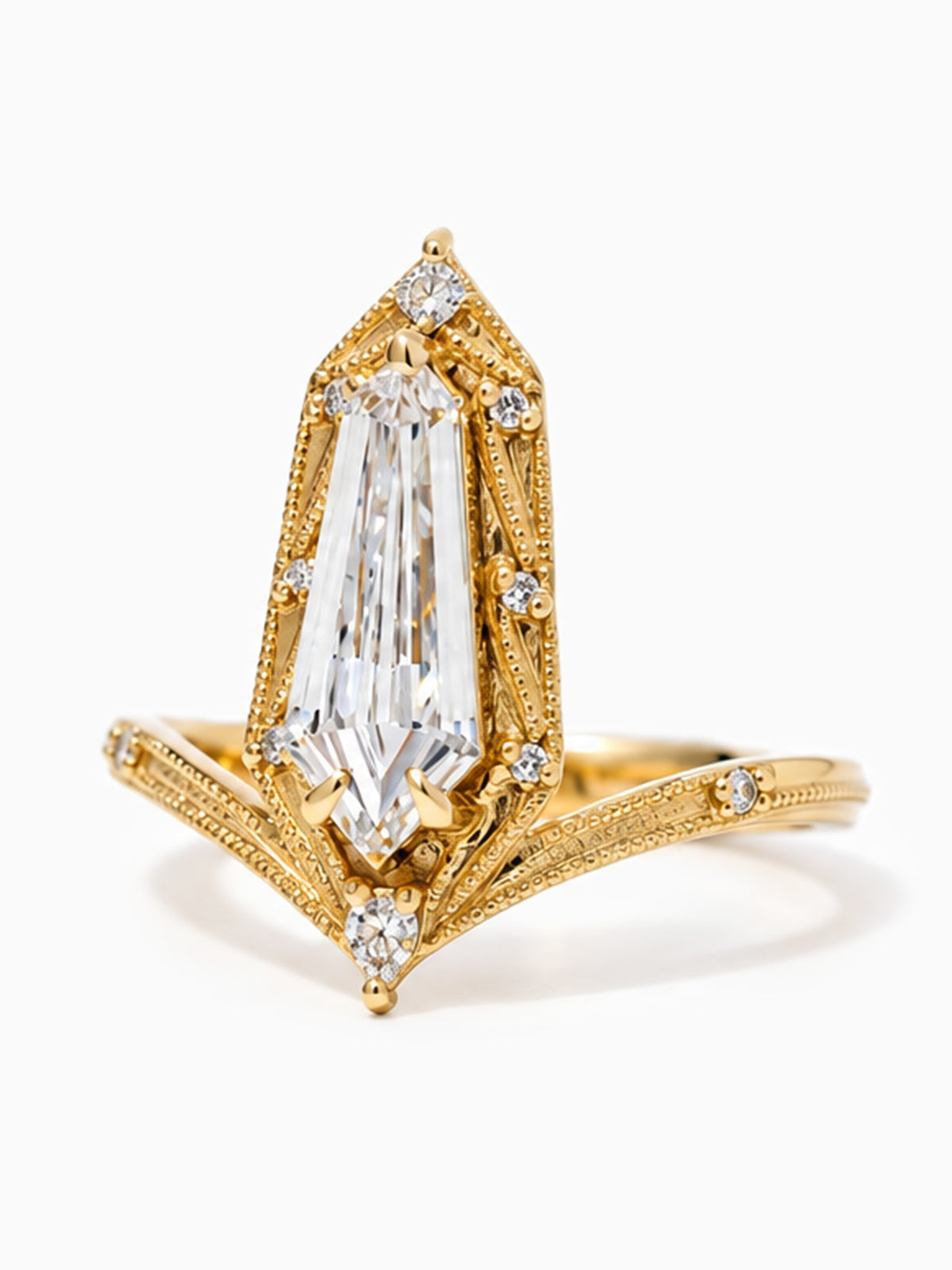White Diamond Shield Engagement Ring 14k Yellow Gold Diamond wedding ring Milgrain fine jewelry birdal ring