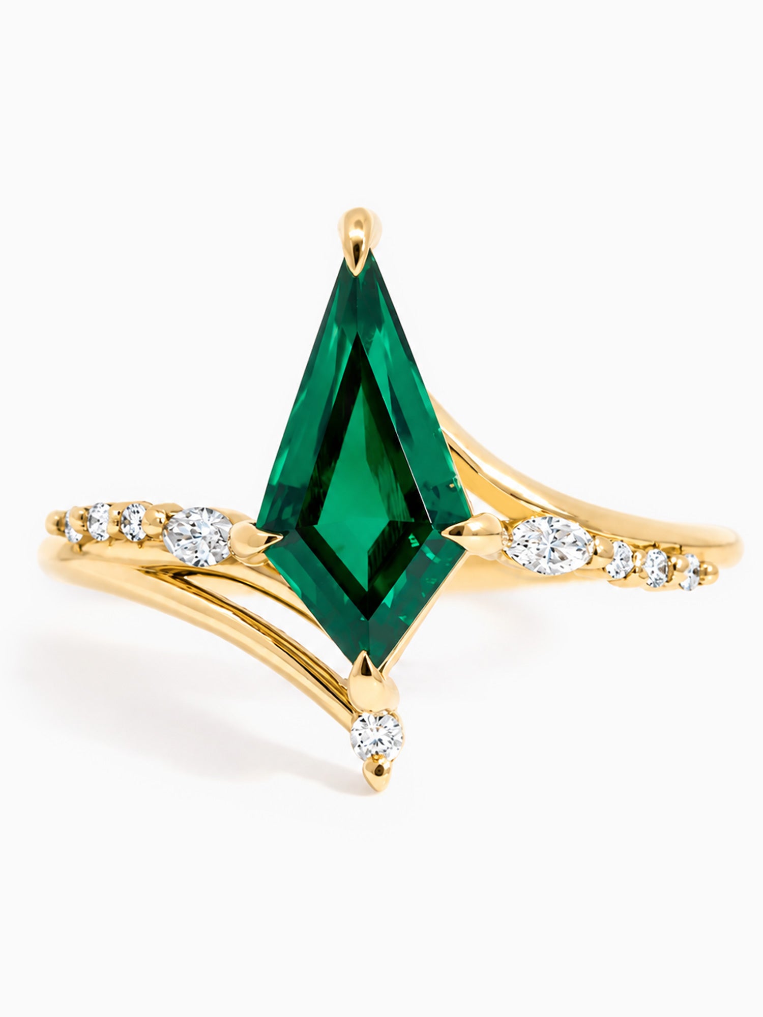Green Emerald Kite engagement ring unique diamond ring wedding ring
