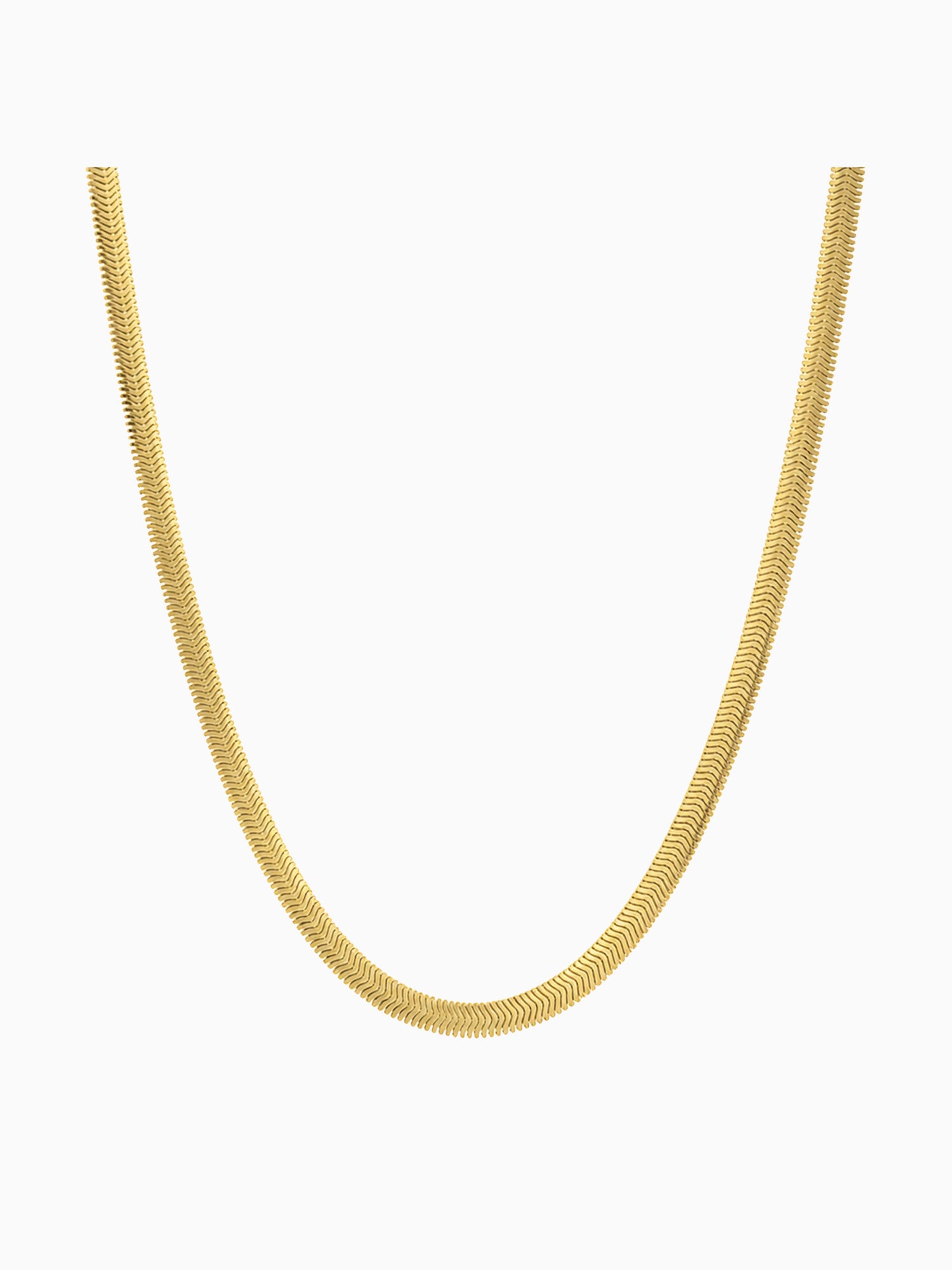 A gold snake chain necklace displayed in a U-shape against a plain white background.