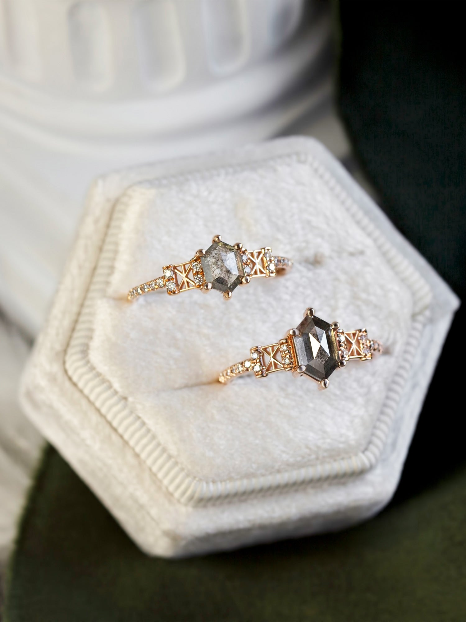 Hexagon Salt and pepper diamond unique engagement ring diamond pave wedding ring 14k rose gold