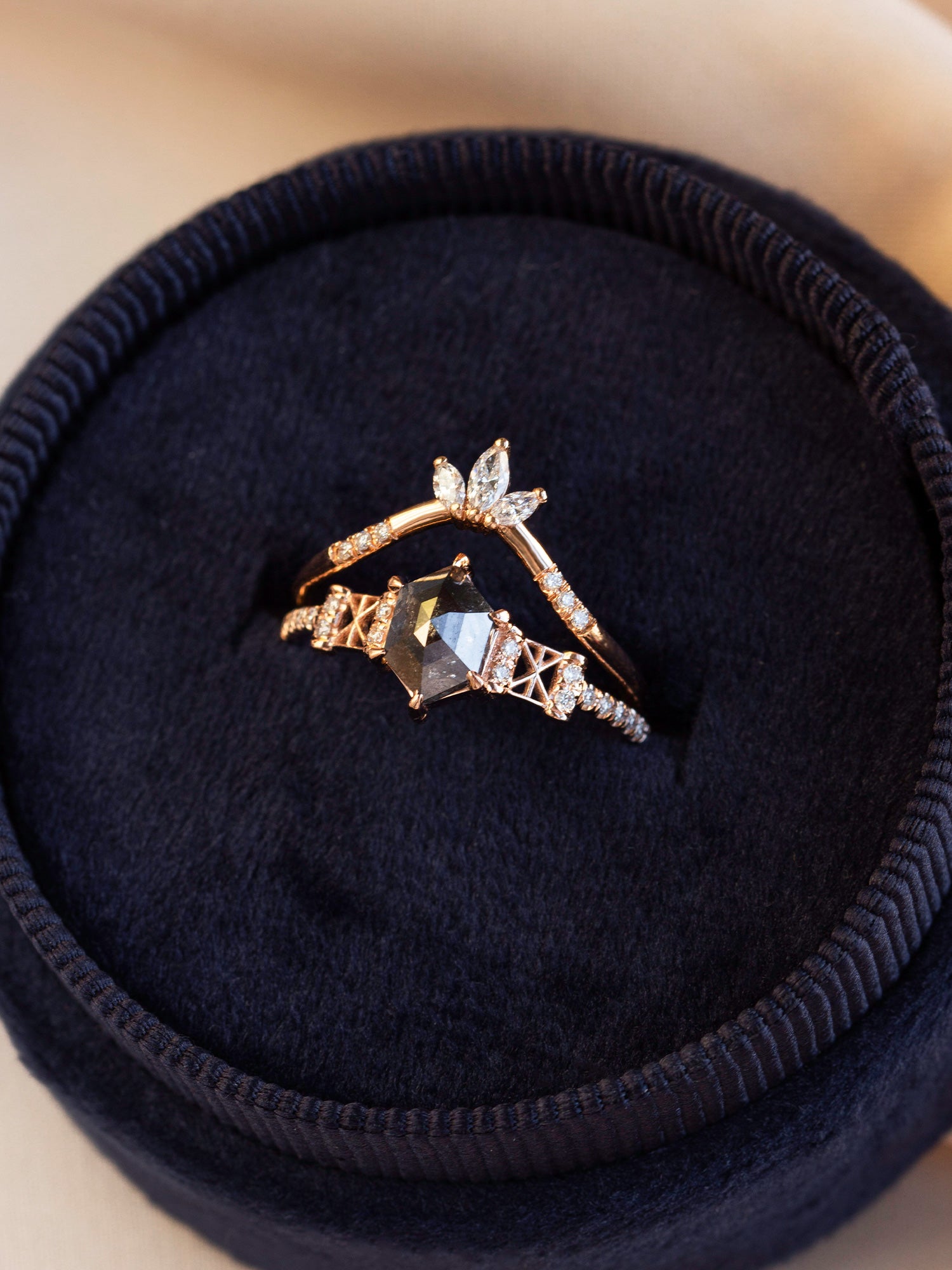 Hexagon salt and pepper diamond engagement ring diamond wedding ring matching band 14k rose gold art deco ring