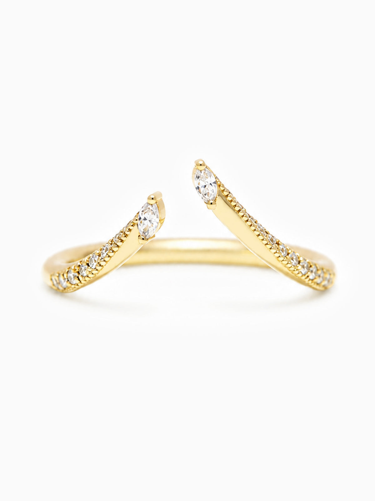 A gold wrap ring with two curved, open-ended bands, each adorned with a small marquise-cut gemstone and a line of tiny round stones, shown on a plain white background.