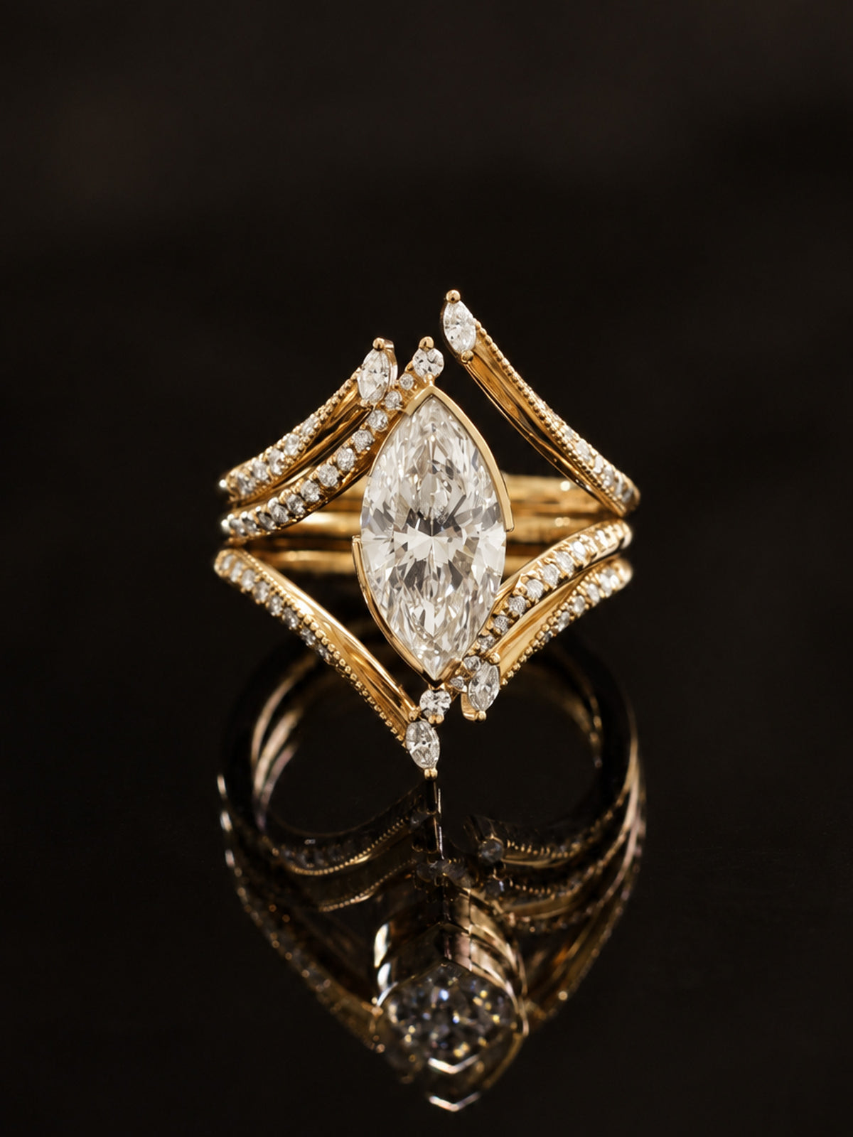 Modern art deco engagement ring marquise diamond proposal ring set stacking rings layered wedding band fine jewelry unique architectural design ring
