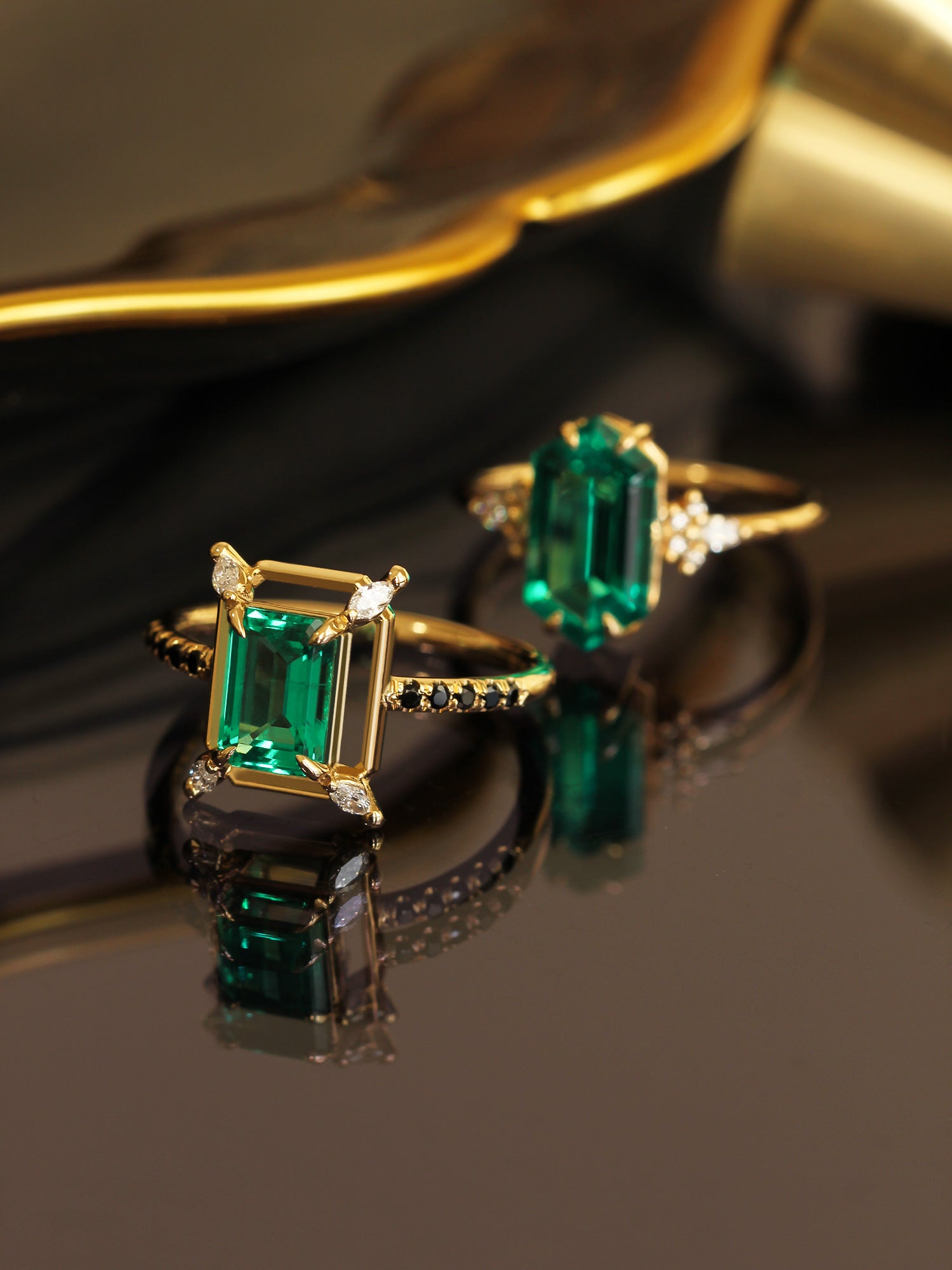 14K Yellow Gold fine jewelry Emerald art deco fine jewelry engagement ring wedding ring set unique ring modern ring