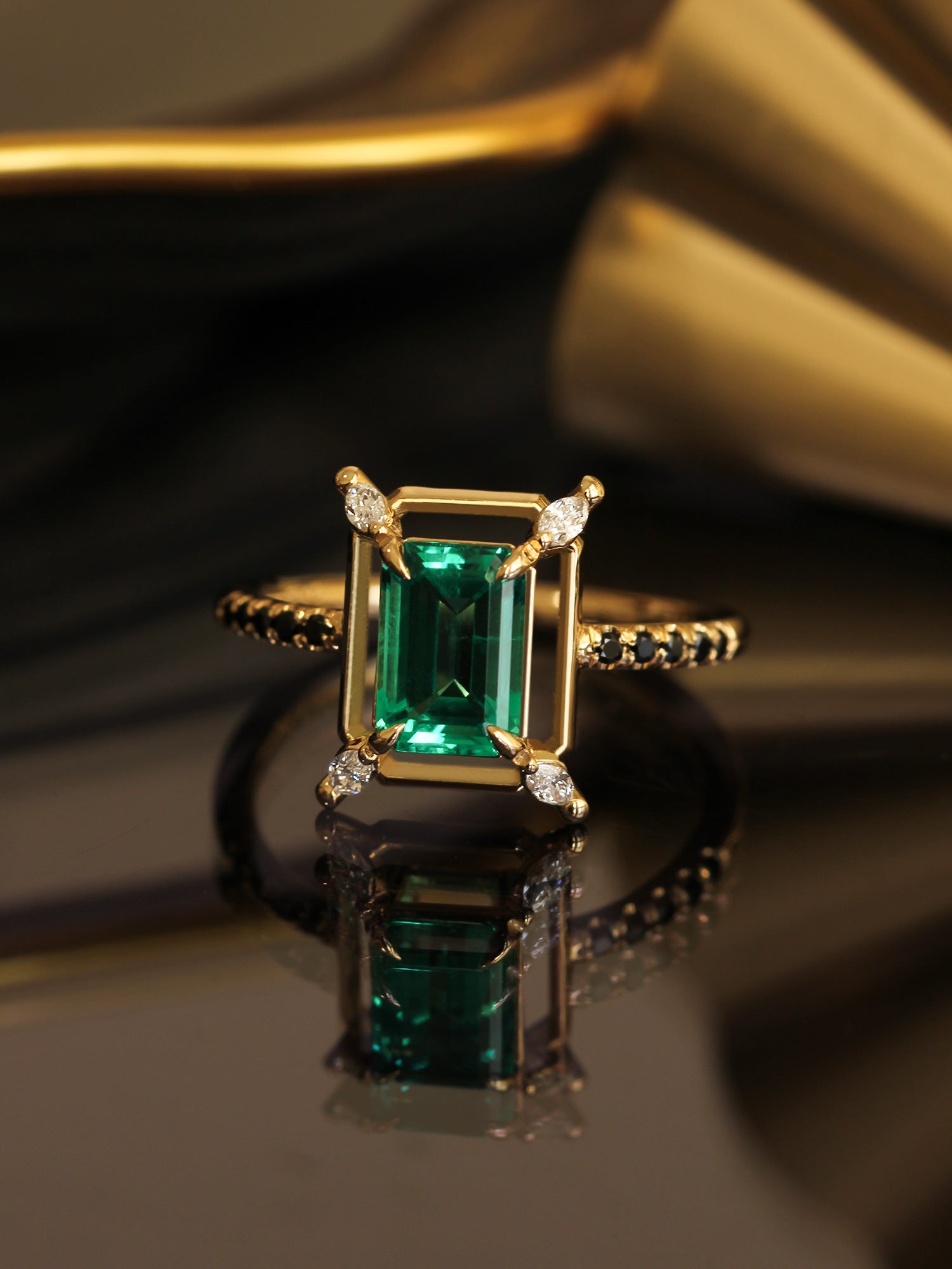 Emerald engagement ring unique art deco fine jewelry wedding ring diamond proposal ring black onyx ring