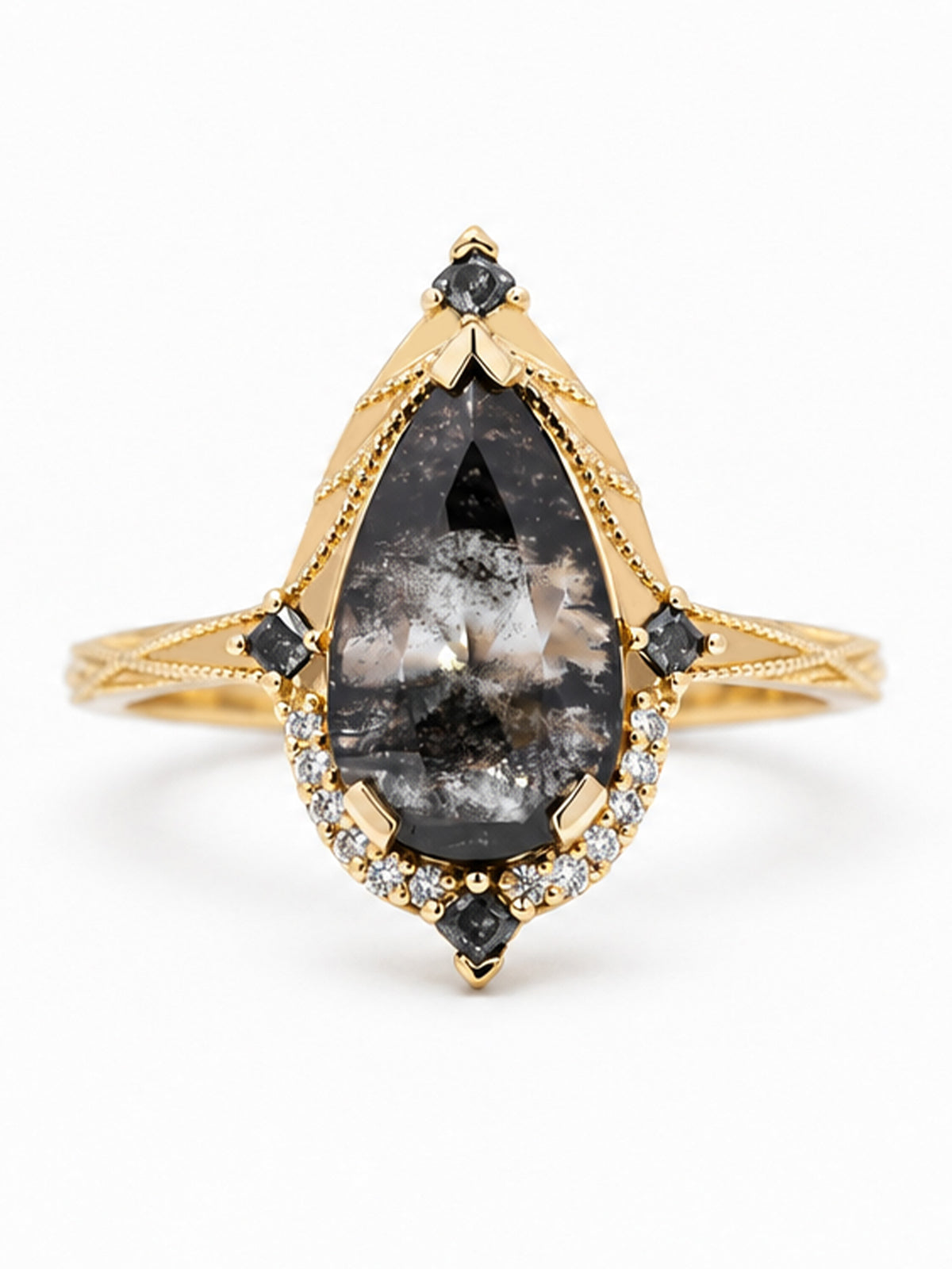 Pear Salt and pepper diamond engagement ring unique art deco gothic inspired wedding ring unique modern art deco fine jewelry proposal ring