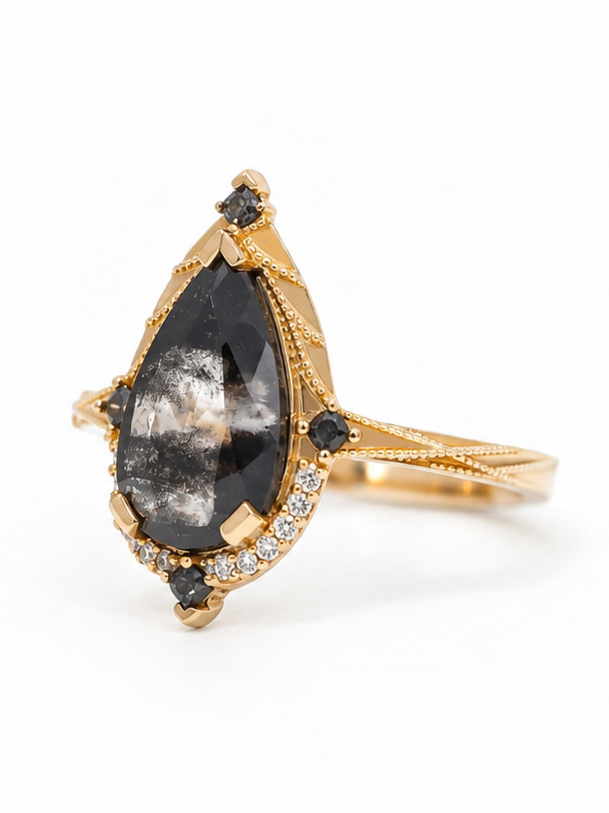 tear drop diamond engagement ring unique delicate proposal ring fine jewelry 14k yellow gold salt and pepper diamond wedding ring