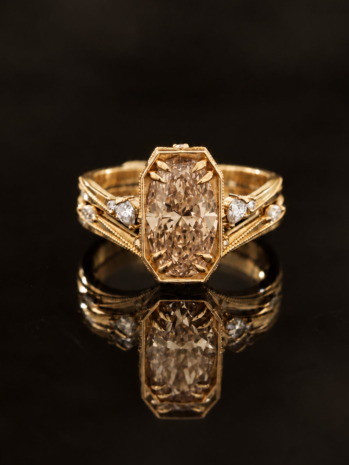 Champagne Oval Lab-grown Diamond fine jewelry engagement ring 14k yellow gold modern vintage proposal ring wedding ring set unique modern art deco engagement ring set