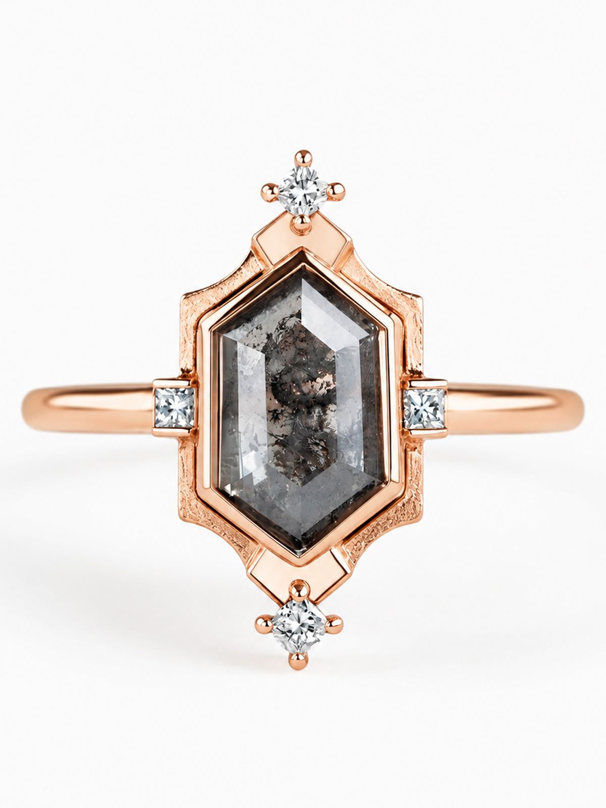 Hexagon Salt and pepper diamond fine jewelry 14k rose gold diamond engagement ring unique fine jewelry