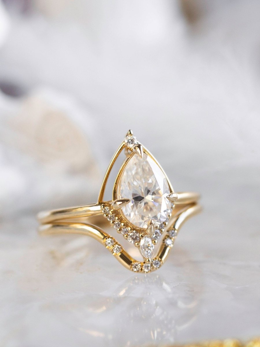 hiddenspace engagement ring eliana pear straight halo half-halo vintage modern contour marquise round melee pave 14k gold claw prong solitaire floating basket contour band art deco