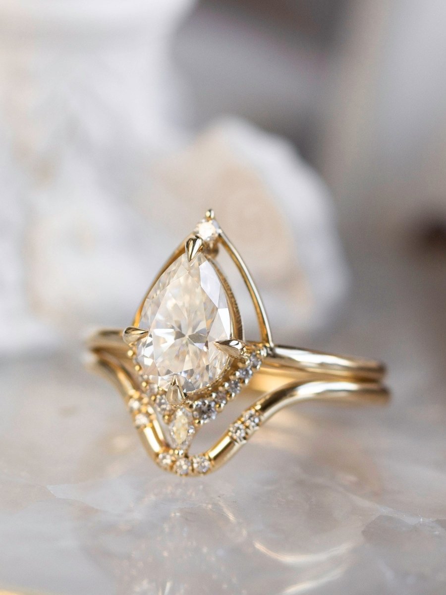 hiddenspace engagement ring eliana pear straight halo half-halo vintage modern contour marquise round melee pave 14k gold claw prong solitaire floating basket contour band art deco