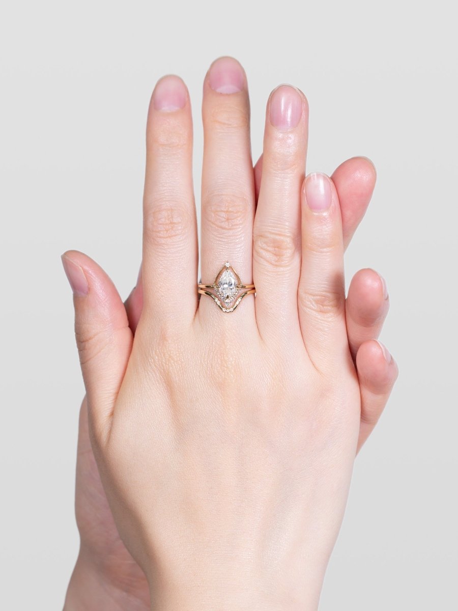 hiddenspace engagement ring eliana pear straight halo half-halo vintage modern contour marquise round melee pave 14k gold claw prong solitaire floating basket contour band