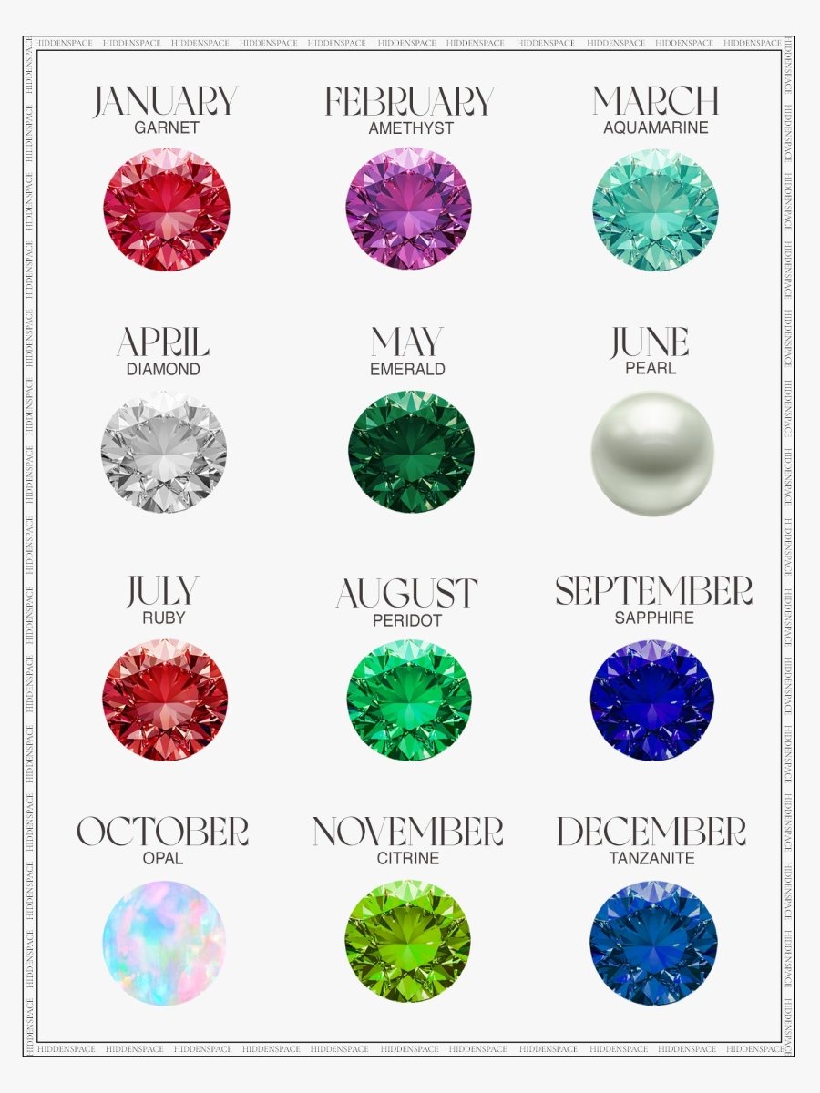 Birthstone list: January - Garnet, February - Amethyst, March - Aquamarine, April - Diamond, May - Emerald, June - Pearl, July - Ruby, August - Peridot, September - Sapphire, October - Opal, November - Citrine, December - Tanzanite