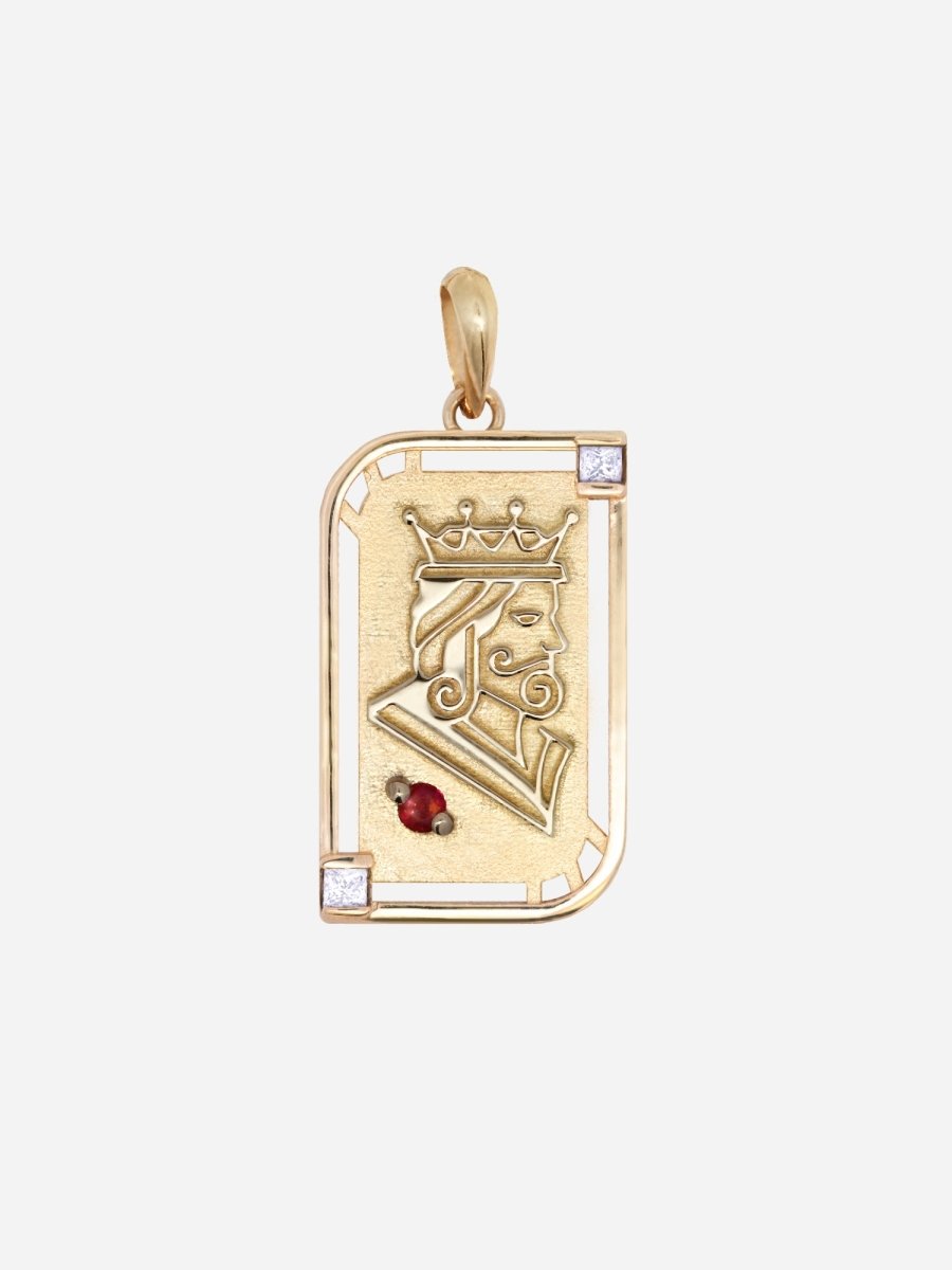 Leaf-shaped playing card charm with simple, classy embossed gold king illustration and a birthstone accent