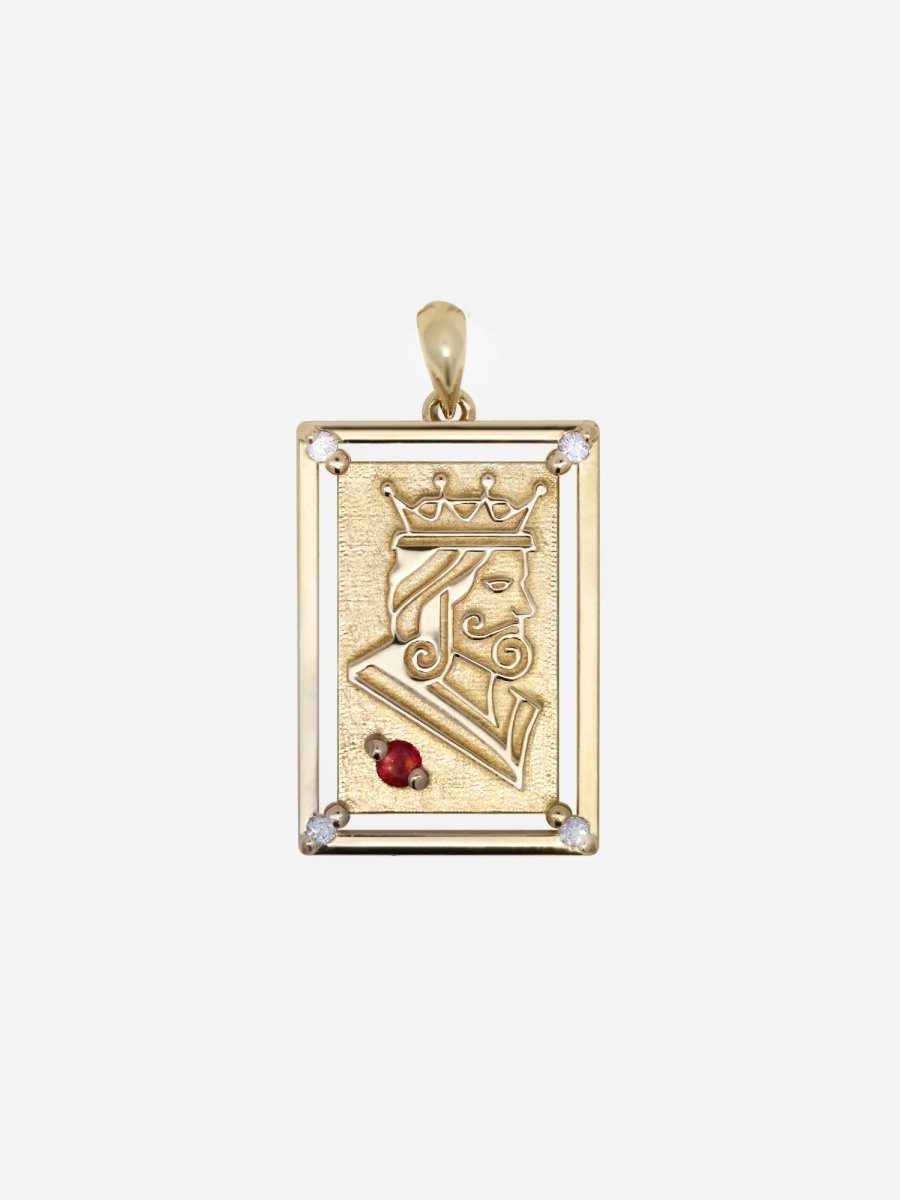 rectangular playing card charm with simple classy embossed illustrated gold king and birthstone accent
