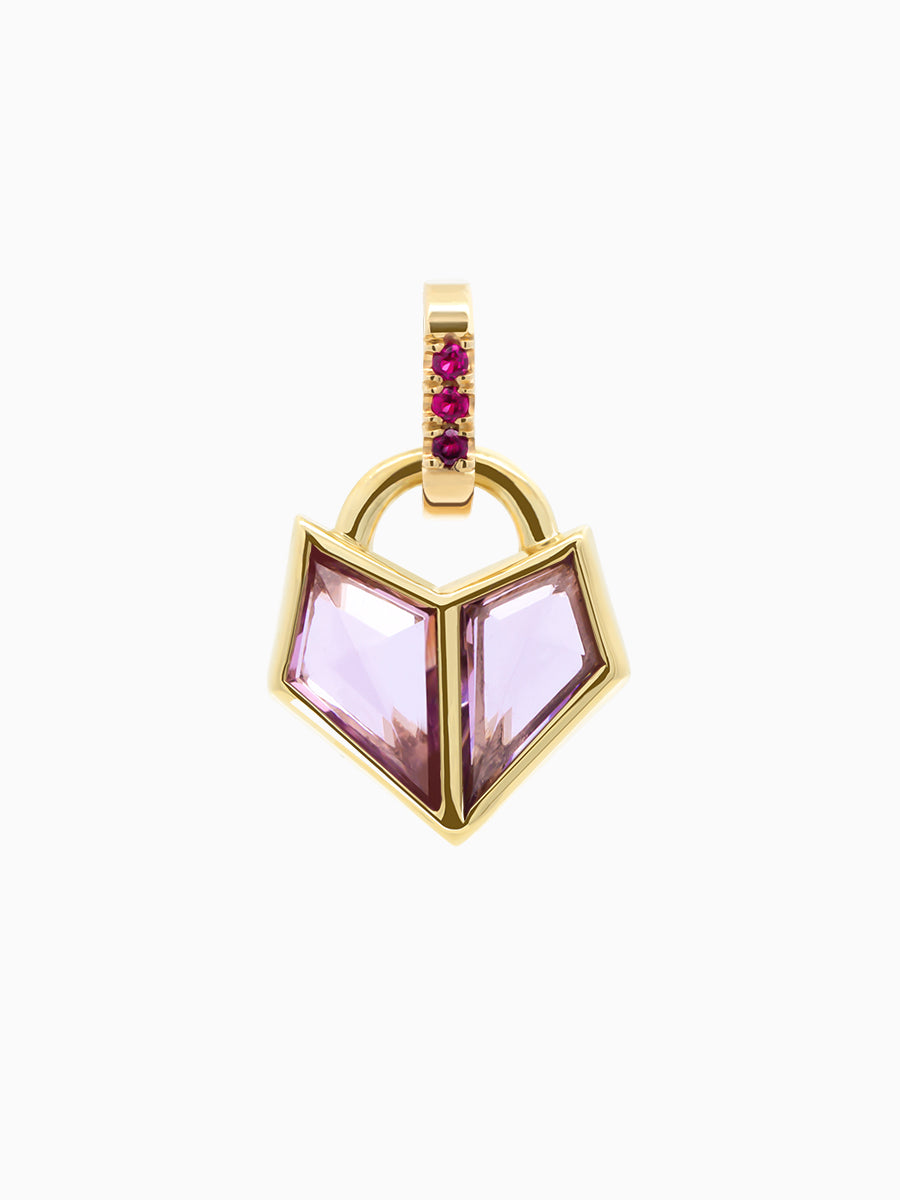 0.80 Total Carat Charm in yellow gold with two pink kite-cut spinels forming a heart and pink garnet accents on white background.