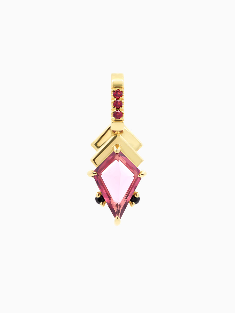 Stepped Chevron Charm in yellow gold with pink spinel kite, onyx accents, and pink garnet bale on white background.