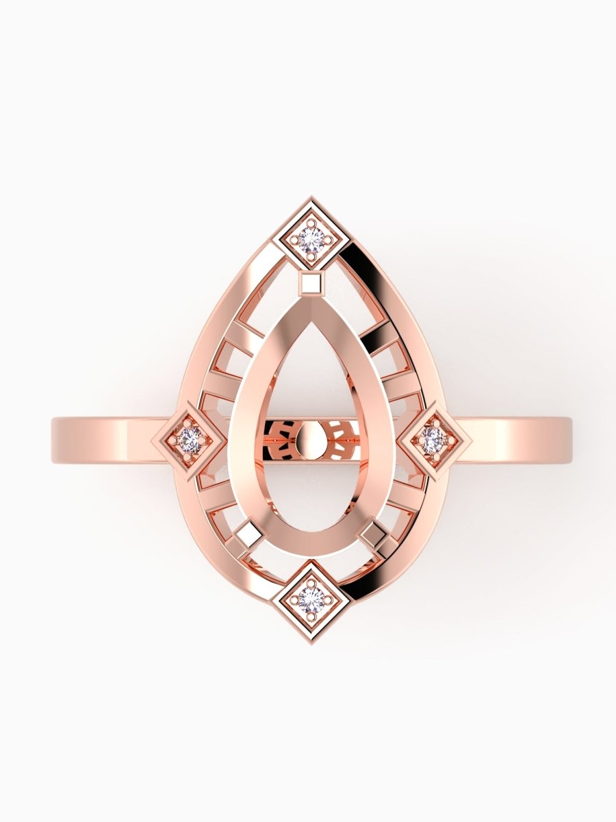 Rose gold ring with diamond accents on a white background