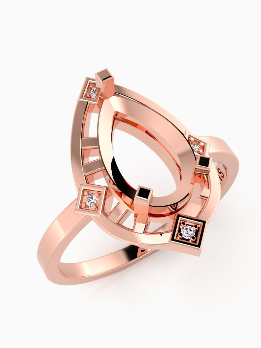 Rose gold ring with diamond accents on a white background