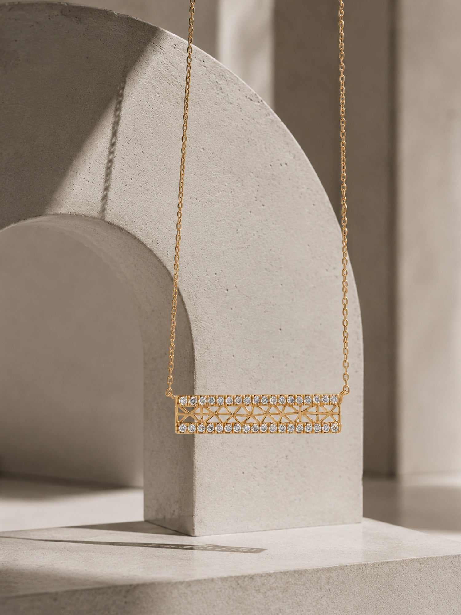 Fine jewelry diamond necklace unique architectural 14k yellow gold necklace