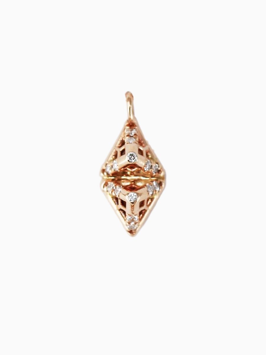 A gold-colored metal pyramid-shaped charm with intricate details and diamond-like embellishments.