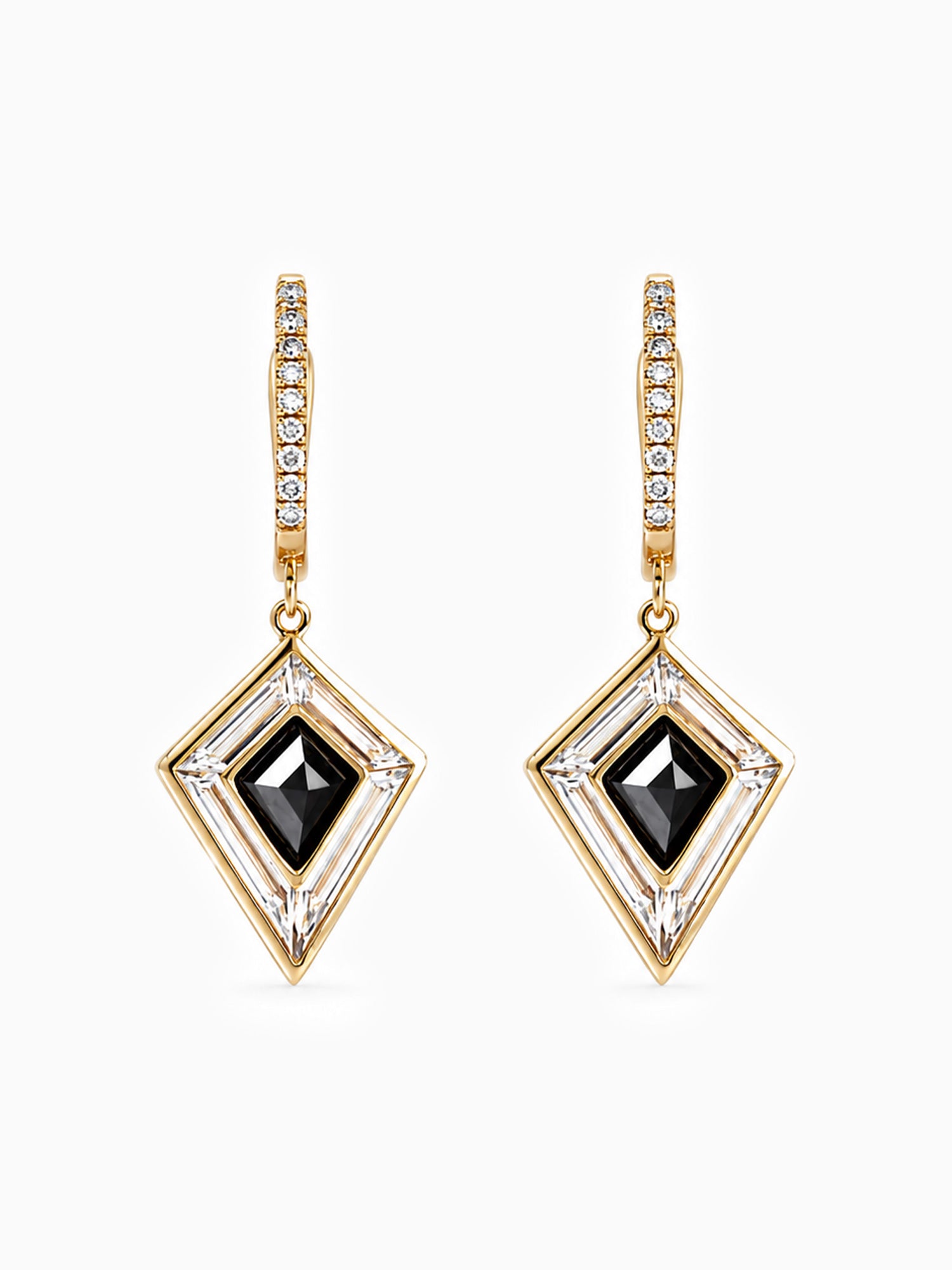 A pair of earrings featuring a black moissanite kite-shaped stone, surrounded by lab-grown baguette diamonds, with a U leverback earring style and natural white diamond pavé accents.