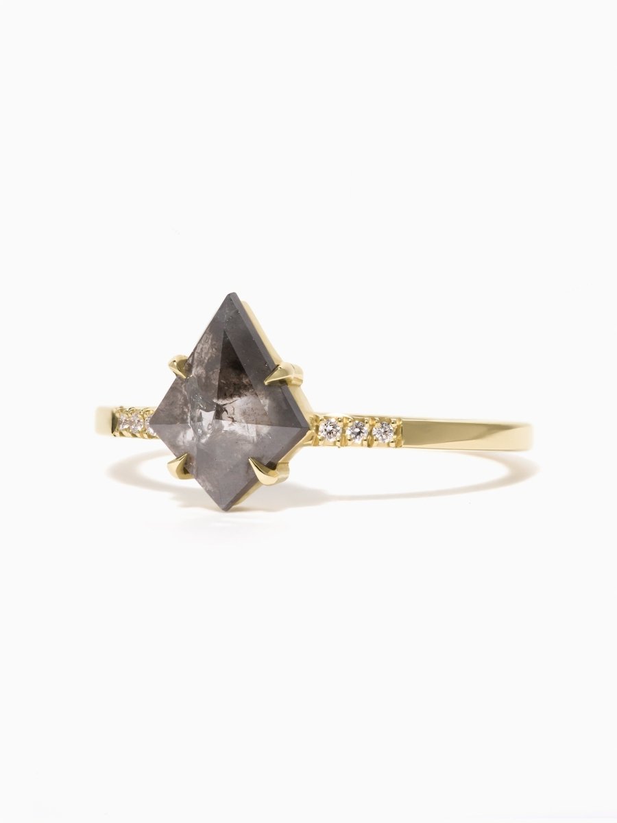 Kite salt and pepper diamond engagement ring with six petite side diamonds on a sleek gold band, side view