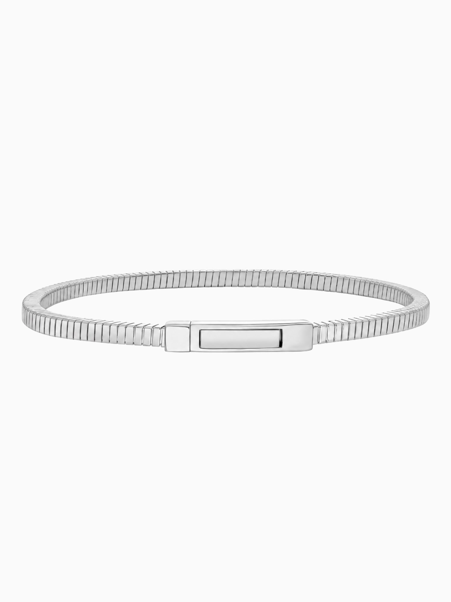 A silver-toned metal bangle bracelet with a textured, snake-like segmented band and a rectangular slide clasp, shown against a plain white background.