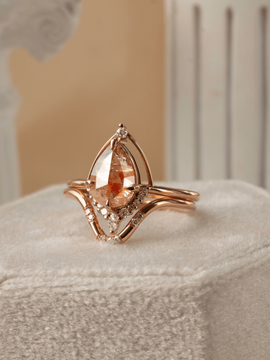 pear rose salt and pepper ring with contour wedding band on soft box