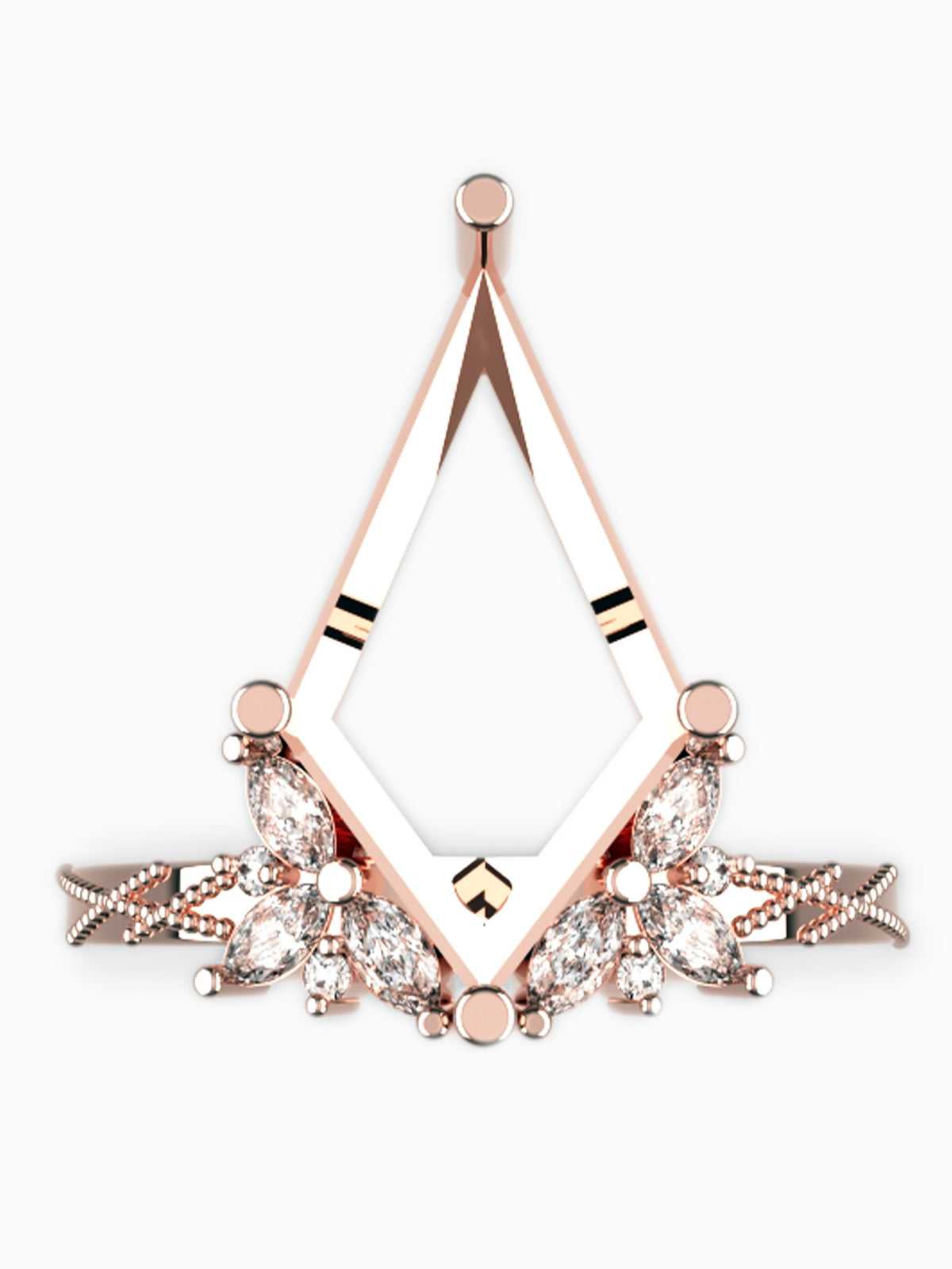 A rose gold geometric statement earring featuring a large diamond-shaped frame with clear marquise and round crystals, accented with small gold stripes and a central gold diamond accent, set against a plain white background.
