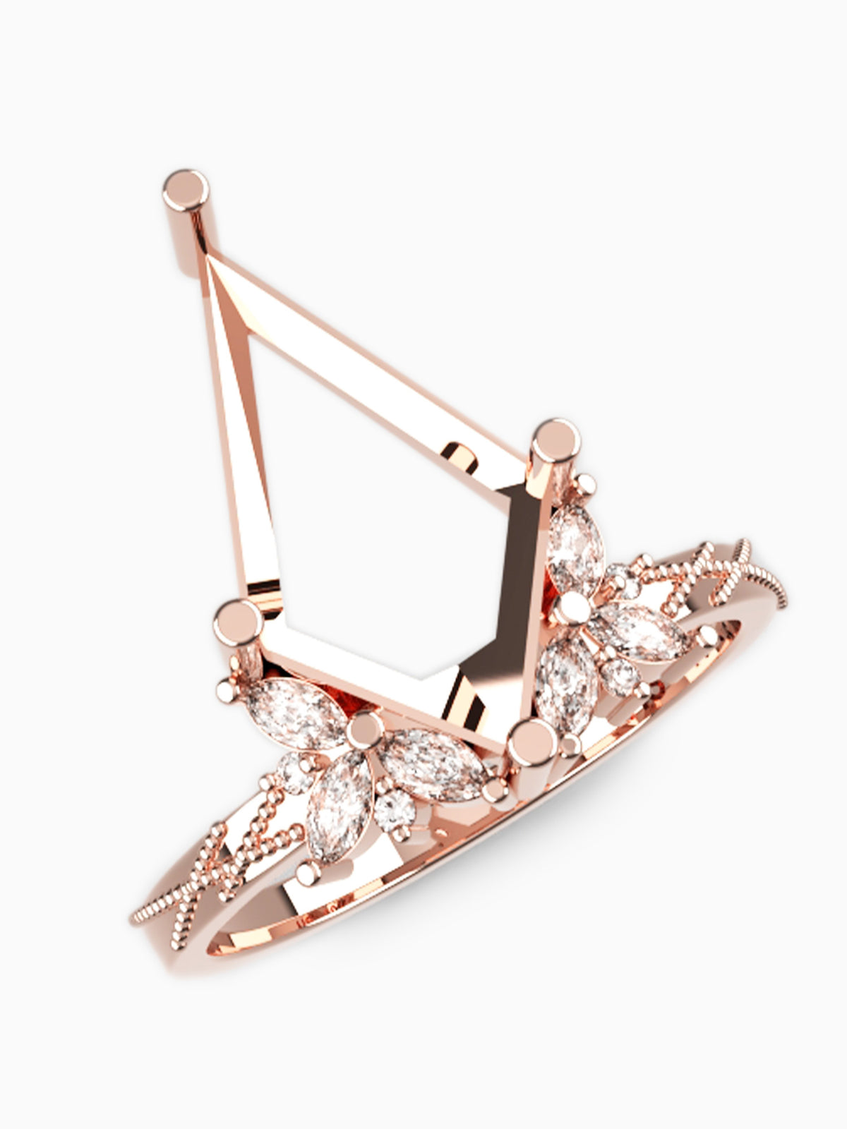 Rose gold geometric ring with marquise-cut clear stones, displayed on a clean white background.