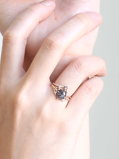 Salt and pepper diamond engagement ring unique fine jewelry art deco engagement ring rose gold diamond proposal ring