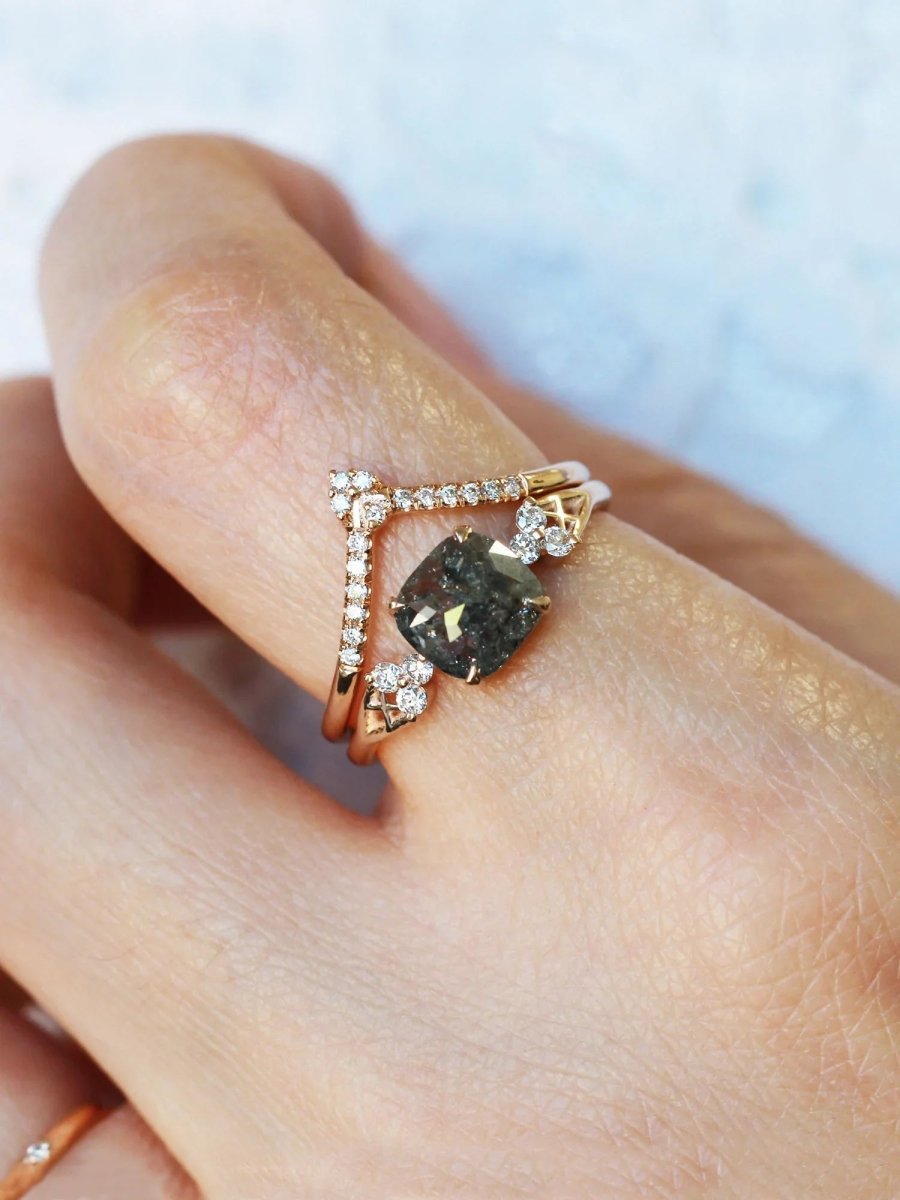 Salt and pepper diamond engagement ring cushion diamond proposal ring alternative engagement unique fine jewelry architectural designer ring