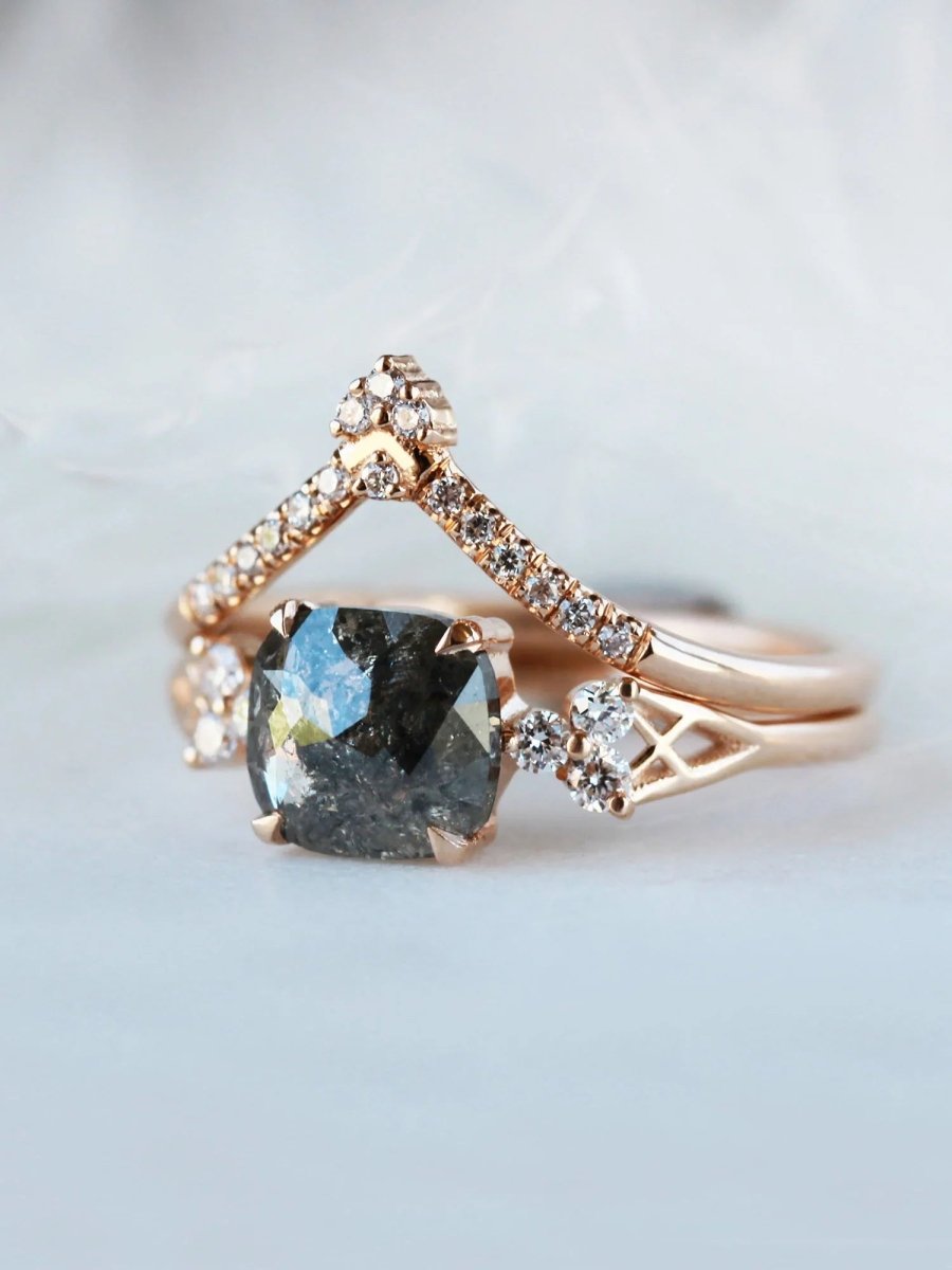 Salt and pepper diamond engagement ring cushion diamond proposal ring alternative engagement unique fine jewelry architectural designer ring