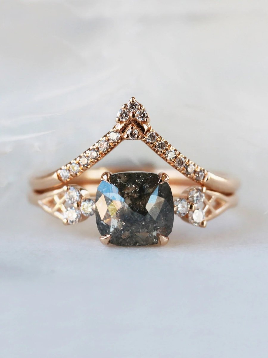 Salt and pepper diamond engagement ring cushion diamond proposal ring alternative engagement unique fine jewelry architectural designer ring