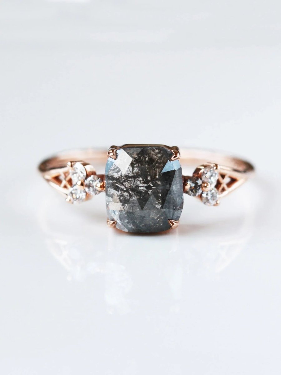 Salt and pepper diamond engagement ring cushion diamond proposal ring alternative engagement unique fine jewelry architectural designer ring