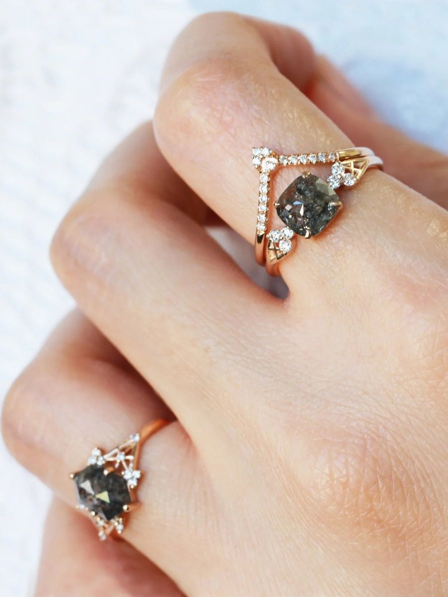 Salt and pepper diamond engagement ring cushion diamond proposal ring alternative engagement unique fine jewelry architectural designer ring