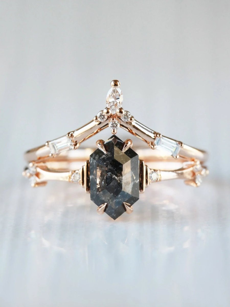 Unique art deco styled hexagon salt and pepper diamond engagement ring in 14k rose gold with smaller round diamonds.