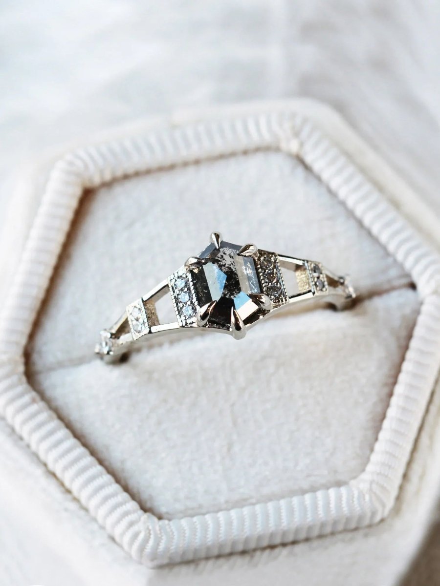 Hiddenspace jewelry eiffel ring engagement ring art deco architectural design diamond proposal ring salt and pepper diamond hexagon ring unique ring