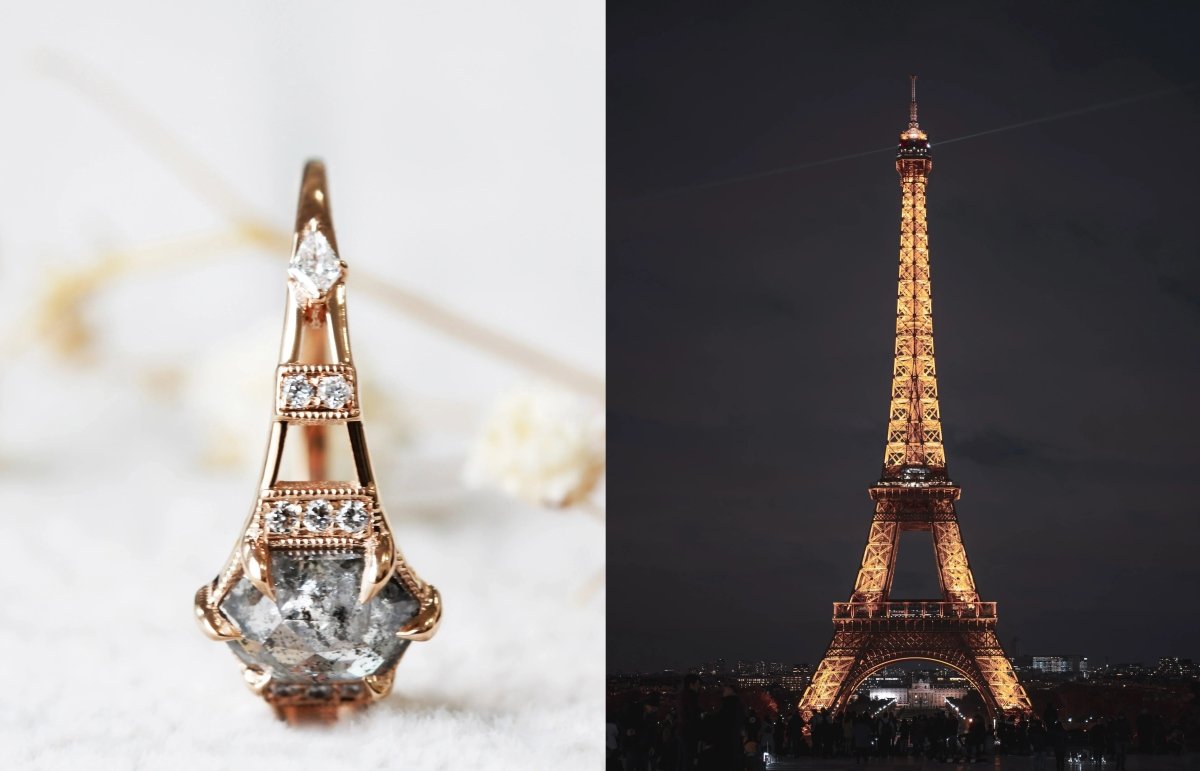 Hiddenspace jewelry eiffel ring engagement ring art deco architectural design diamond proposal ring salt and pepper diamond hexagon ring unique ring