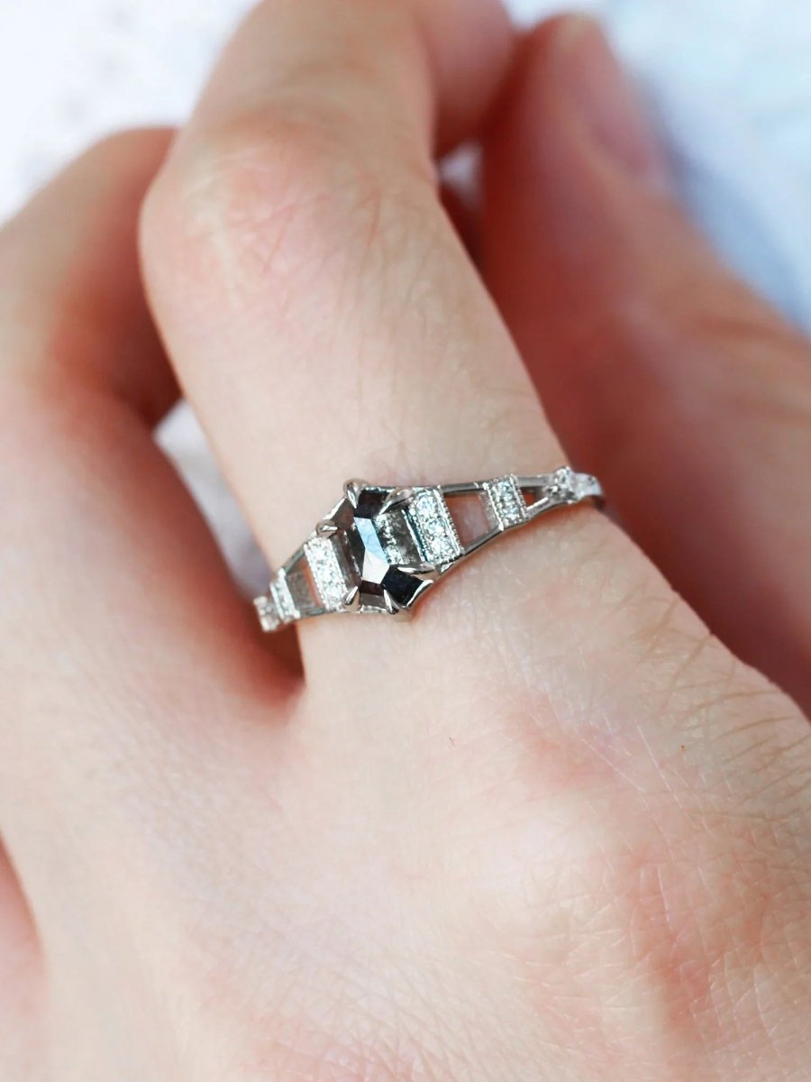 Hiddenspace jewelry eiffel ring engagement ring art deco architectural design diamond proposal ring salt and pepper diamond hexagon ring unique ring