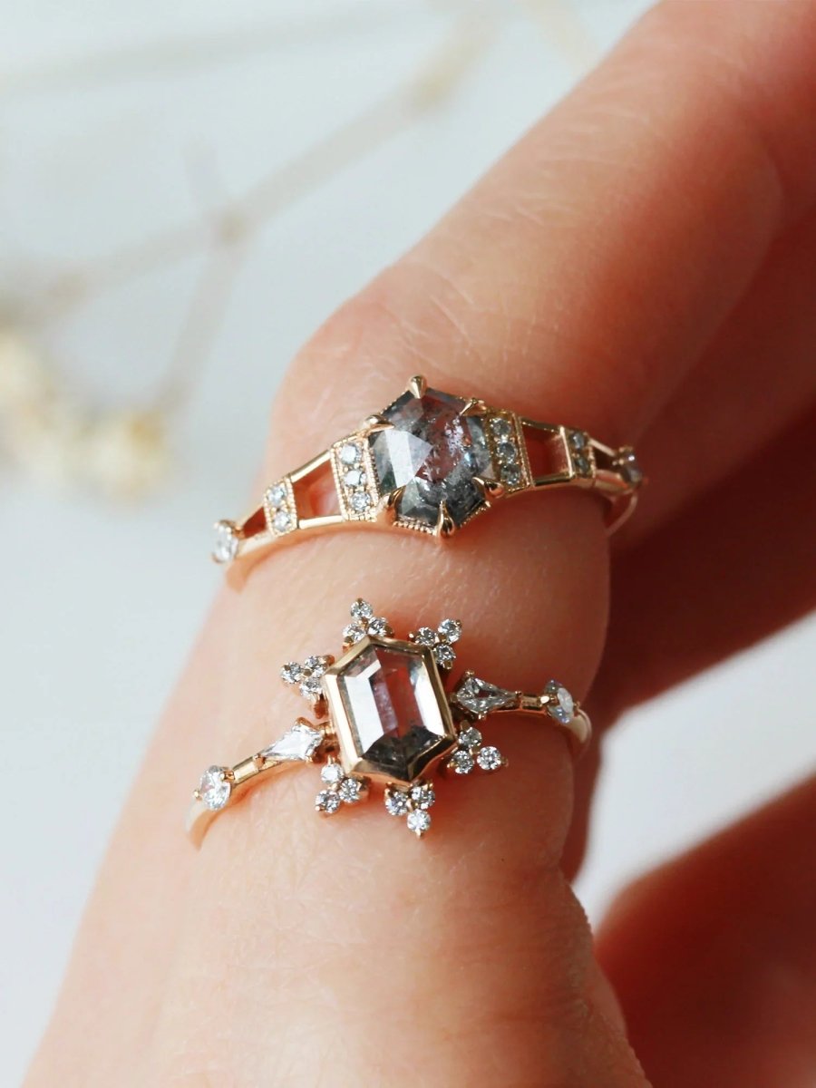 Hiddenspace jewelry eiffel ring engagement ring art deco architectural design diamond proposal ring salt and pepper diamond hexagon ring unique ring