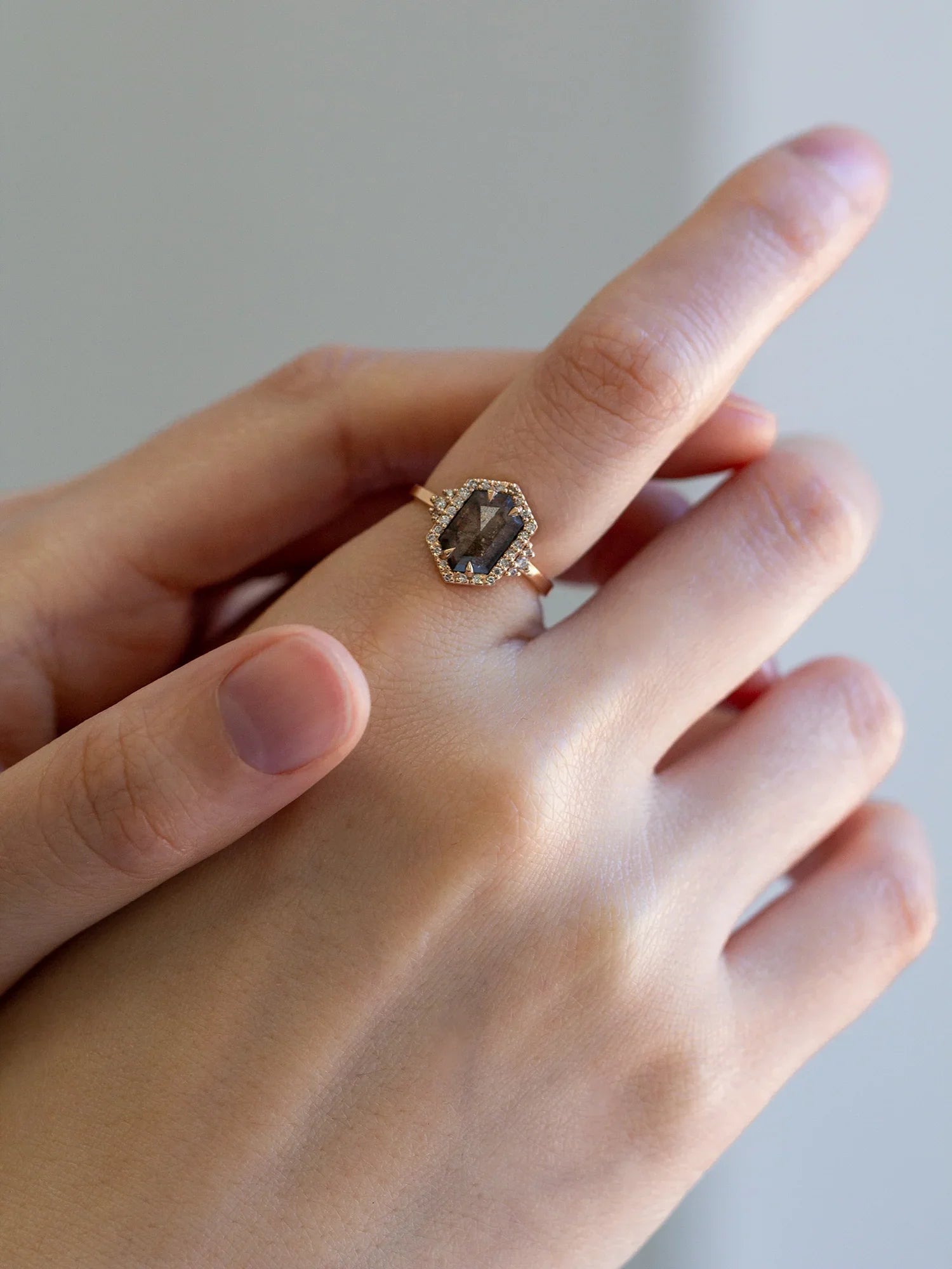 Unique art deco styled hexagon salt and pepper diamond engagement ring in 14k rose gold with round diamonds 5