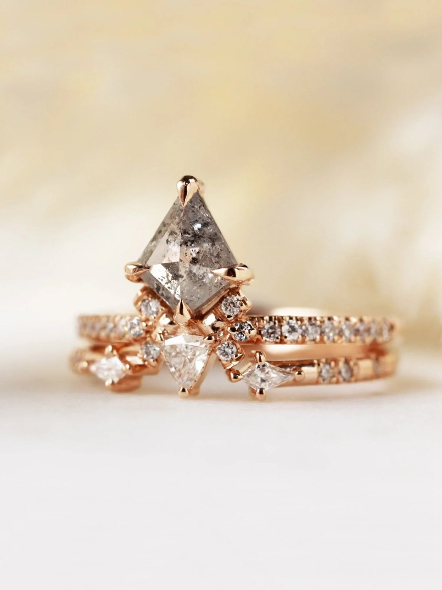 Salt and pepper kite diamond engagement ring art deco fine jewelry vintage engagement ring unique proposal ring architectural design jewelry