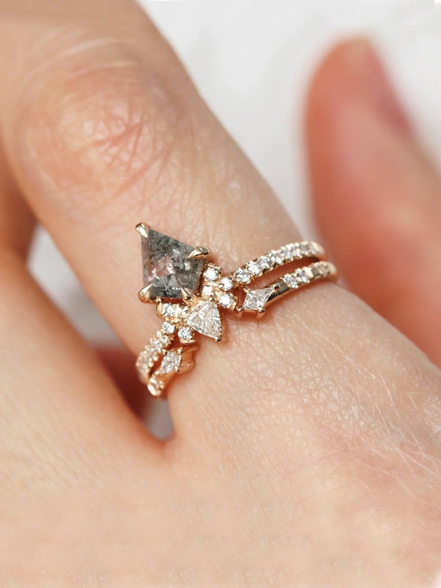 Salt and pepper kite diamond engagement ring art deco fine jewelry vintage engagement ring unique proposal ring architectural design jewelry