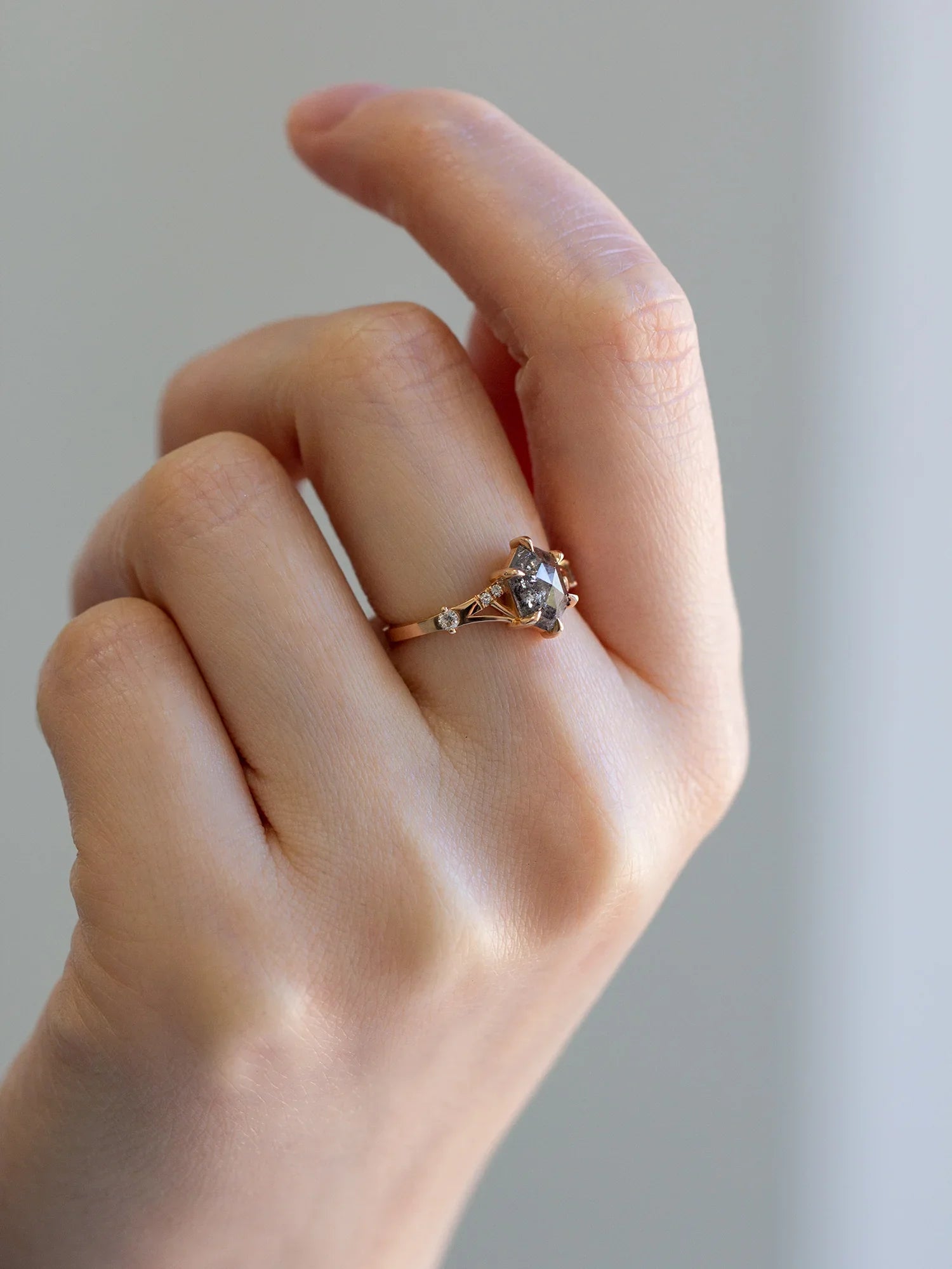 hiddenspace engagement ring oblique line ring salt and pepper hexagon proposal ring unique architectural design engagement ring proposal ring fine jewelry one of a kind ring 3