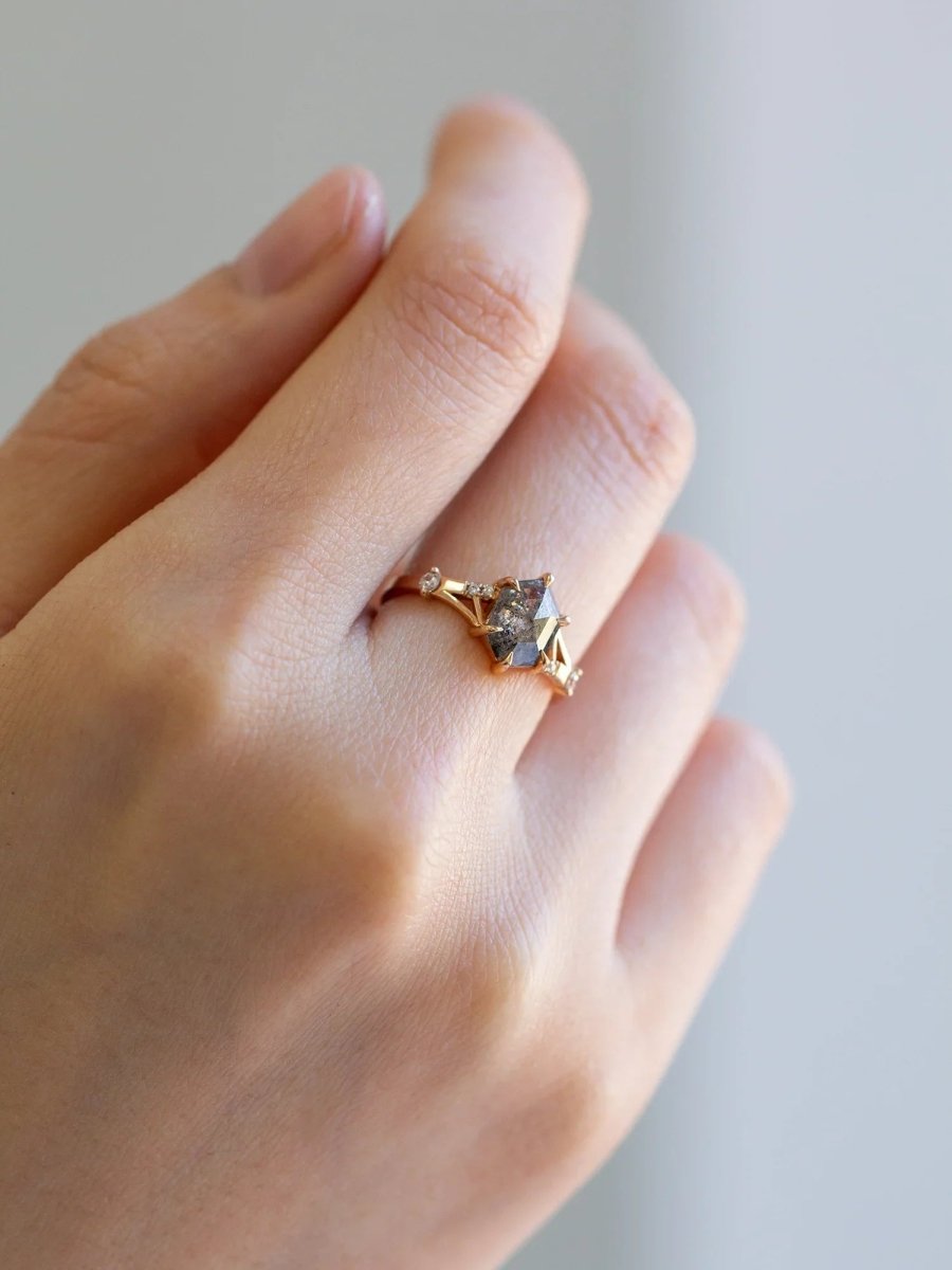 hiddenspace engagement ring oblique line ring salt and pepper hexagon proposal ring unique architectural design engagement ring proposal ring fine jewelry one of a kind ring 9