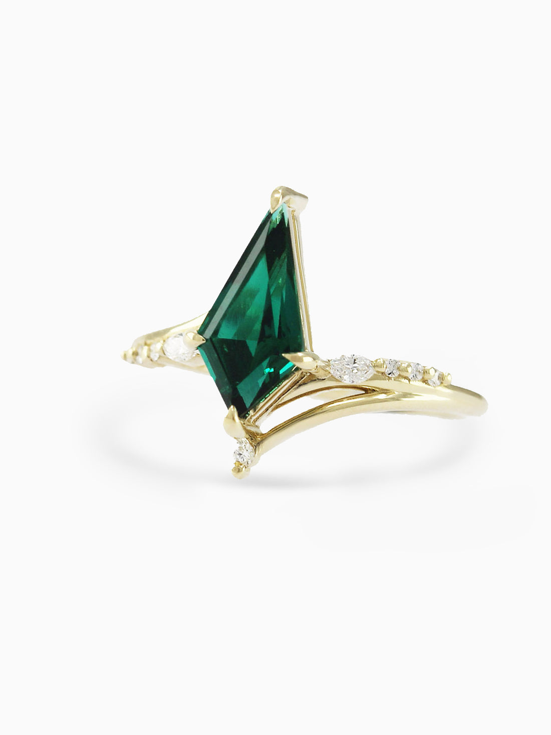 Renee Ring HiddenSpace Emerald Kite 14k Yellow Gold Engagement Ring with Asymmetrical Slope Design Inspired by Art Deco Architecture Marquise Open Band Round Melee Diamonds Marquise Diamond Prong Setting