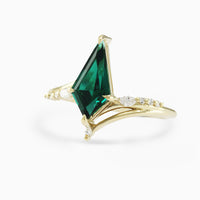 Renee Ring HiddenSpace Emerald Kite 14k Yellow Gold Engagement Ring with Asymmetrical Slope Design Inspired by Art Deco Architecture Marquise Open Band Round Melee Diamonds Marquise Diamond Prong Setting