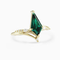 Renee Ring HiddenSpace Emerald Kite 14k Yellow Gold Engagement Ring with Asymmetrical Slope Design Inspired by Art Deco Architecture Marquise Open Band Round Melee Diamonds Marquise Diamond Prong Setting